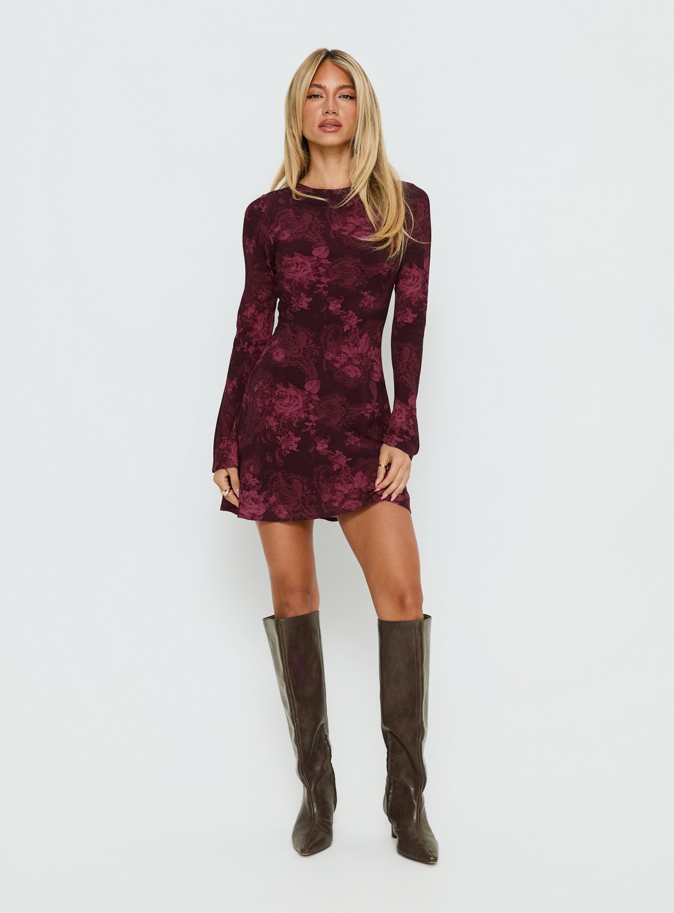 Vivre Long Sleeve Mini Dress | Burgundy Paisley | Womens | Princess Polly Lower Impact Vivre Long Sleeve Mini Dress | Burgundy Paisley | Womens | Princess Polly Lower Impact