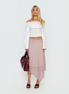   front view of model wearing Princess Polly Gwenora Asymmetrical Midi Skirt Pink Stripe Midi Skirts 