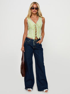 side view of model wearing Princess Polly Wayland Tie Up Lace Trim Top Green Check Sleeveless V-Neck 