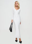 Long sleeve maxi dress Scooped neckline, keyhole cut out at bust, tie fastening, invisible zip fastening at side Non-stretch material, partially lined