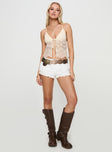 front view of model wearing Princess Polly Astona Lace Halter Cream Sleeveless Plunger 