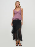   side view of model wearing Princess Polly Dauntless Sheer Maxi Skirt Black Maxi 