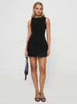 front view of model wearing Princess Polly Anse Mini Dress Black Boat Neck 