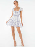 Floral mini dress Frill sleeve. square neckline, invisible zip fastening at side, waist tie Non-stretch, fully lined 