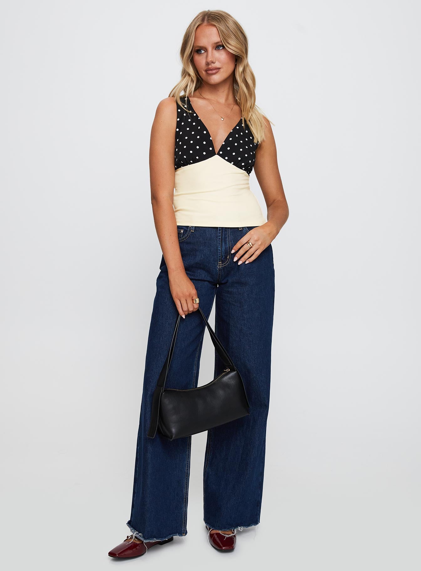 front view of model wearing Princess Polly Silverstone Top Multi Sleeveless V-Neck 