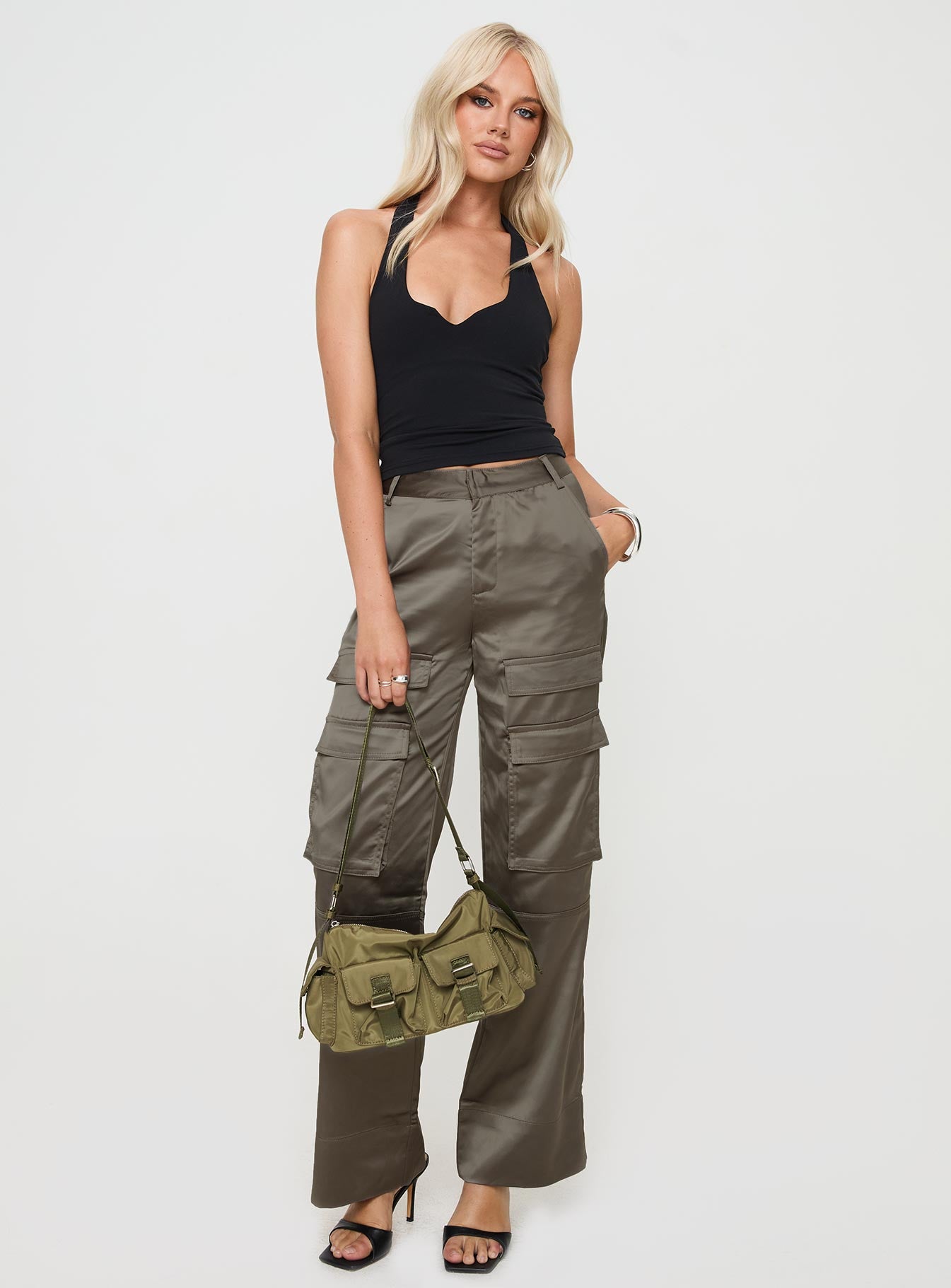 front view of model wearing Princess Polly Crimsen Cargo Pants Chocolate High Waisted Pants 