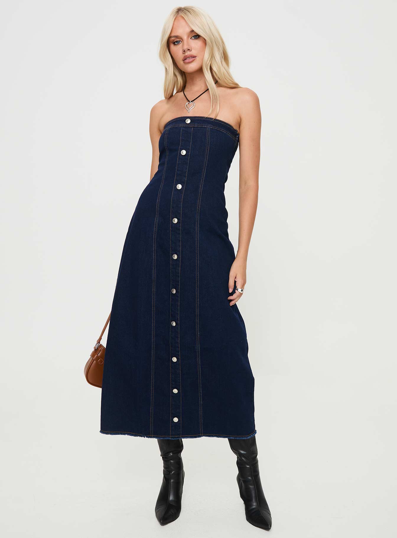 front view of model wearing Princess Polly Stoltz Denim Midi Dress Blue Straight Neck 