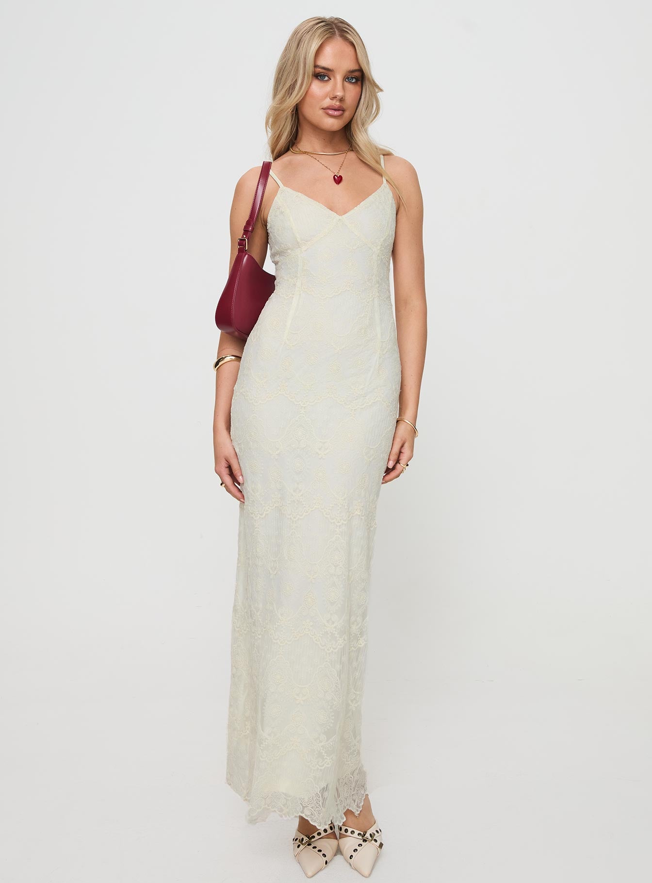 front view of model wearing Princess Polly Euphemia Maxi Dress Cream V-Neck 