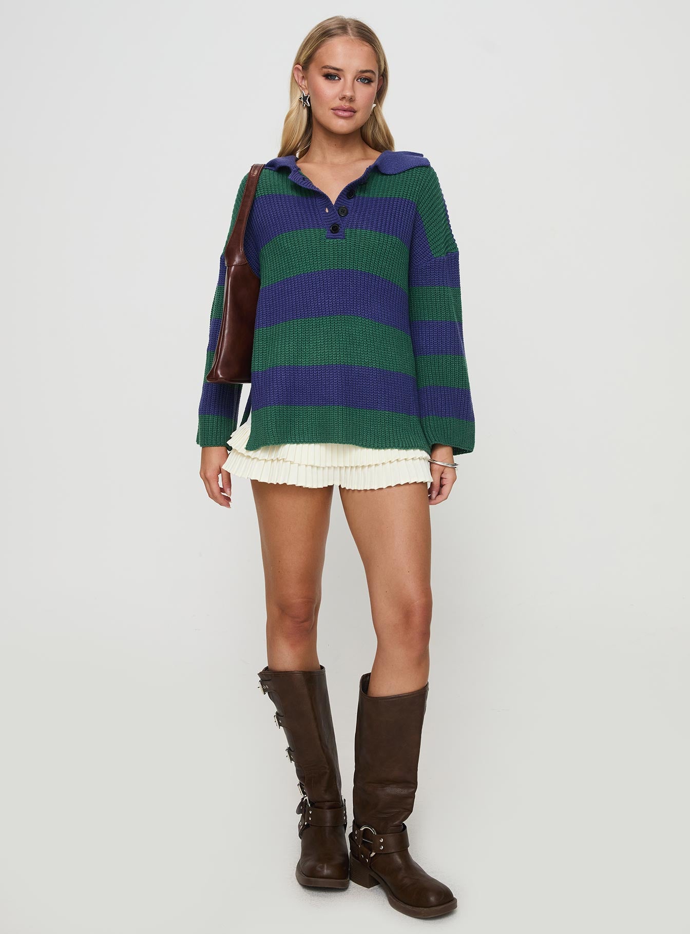 front view of model wearing Princess Polly Olivah Jumper Blue / Green Long 