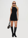 front view of model wearing Princess Polly Paccheri Mini Dress Black Crew Neck 