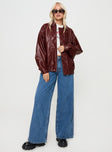 Burgundy Faux Leather jacket Oversized fit, zip fastening at front, classic collar, twin hip pockets, elasticated waistband