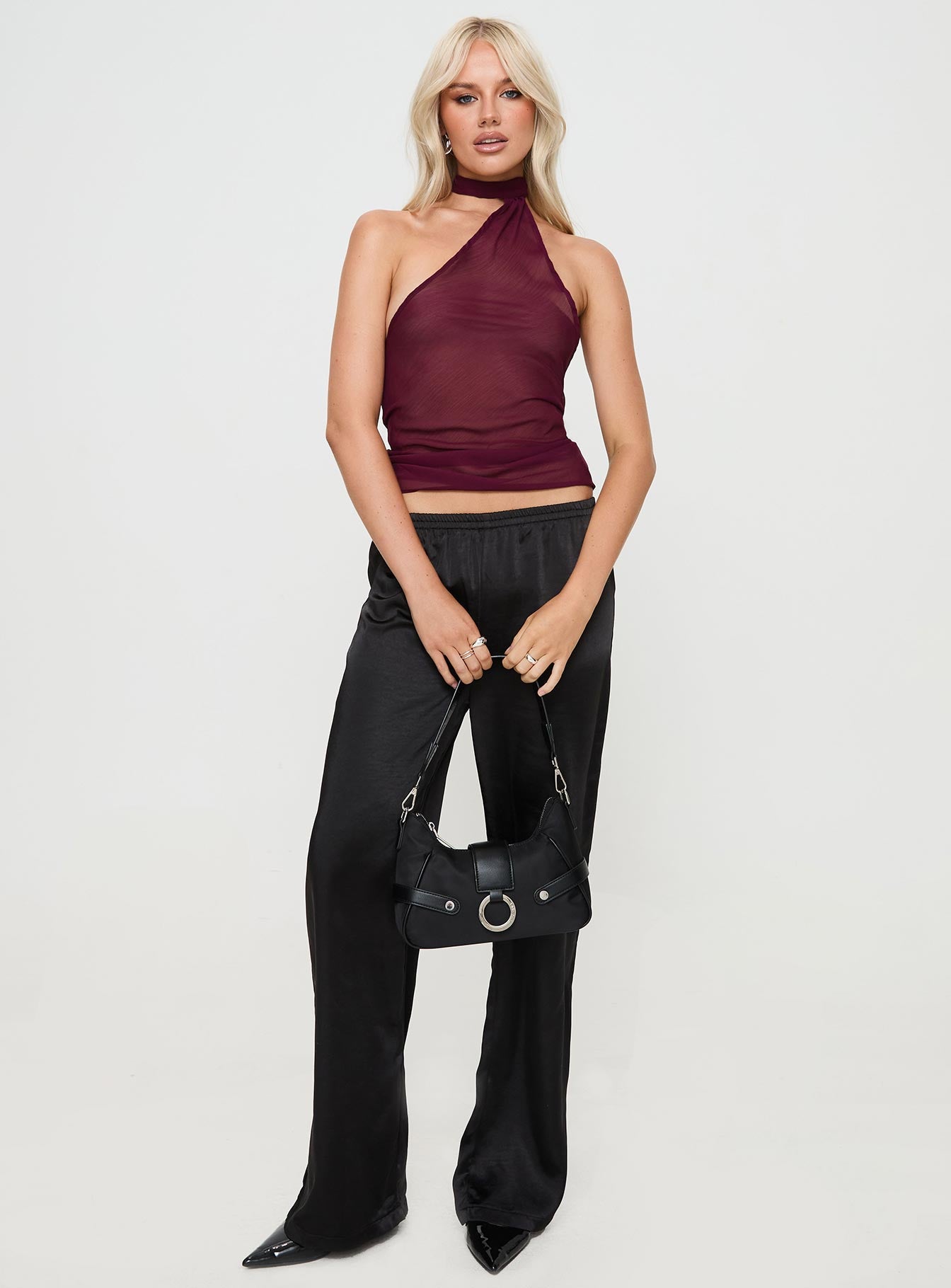 front view of model wearing Princess Polly Lux Tie Top Burgundy Sleeveless High Neck 