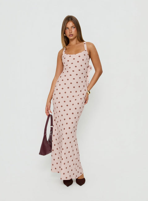 Picante Bias Cross Back Maxi Dress Pink Polka