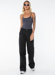 Mid-rise Cargo pants  Relaxed fit, Zip and button fastening, Belt looped waist, Classic hip pockets, Press button leg and back pockets, Wide leg 