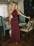 side view of model wearing Princess Polly Ultraviolet One Shoulder Lace Maxi Dress Wine Asymmetric Neckline 