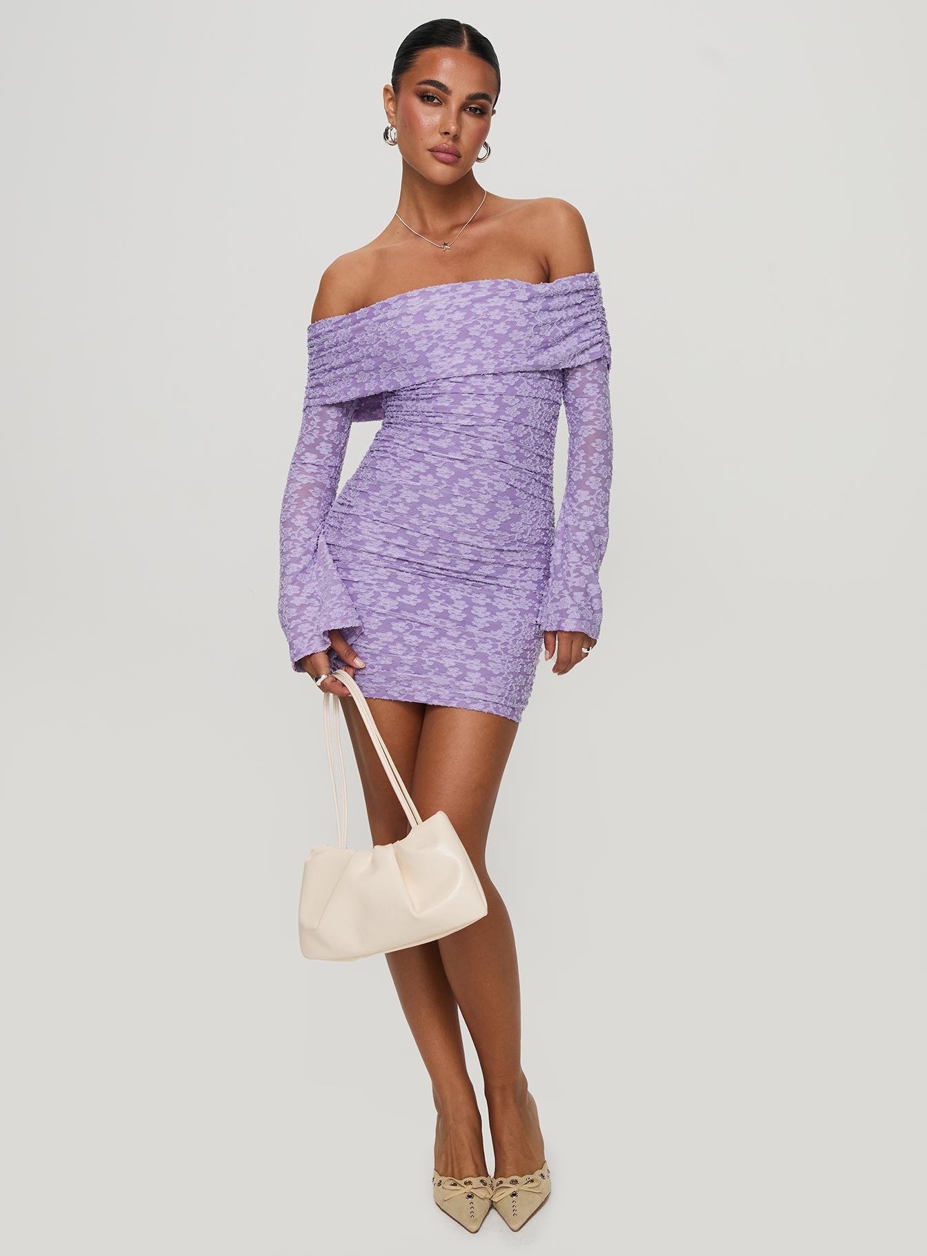 side view of model wearing Princess Polly Intereste Long Sleeve Mini Dress Purple Straight Neck 