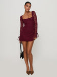 back view of model wearing Princess Polly Lucianna Long Sleeve Lace Mini Dress Burgundy Square Neck 