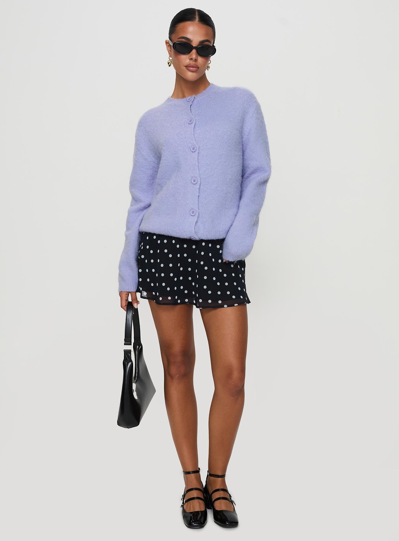 side view of model wearing Princess Polly Alyse Mohair Cardigan Lilac Long 