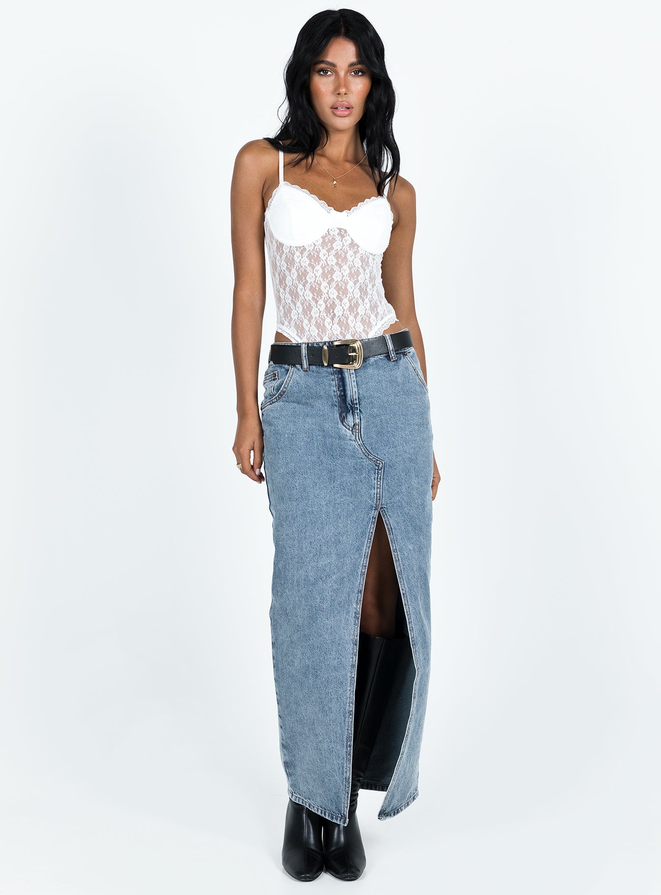 back view of model wearing Princess Polly Aldone Lace Bodysuit White Sleeveless Sweetheart 