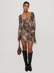 front view of model wearing Princess Polly Suareza Long Sleeve Mini Dress Leopard Sweetheart Neckline 