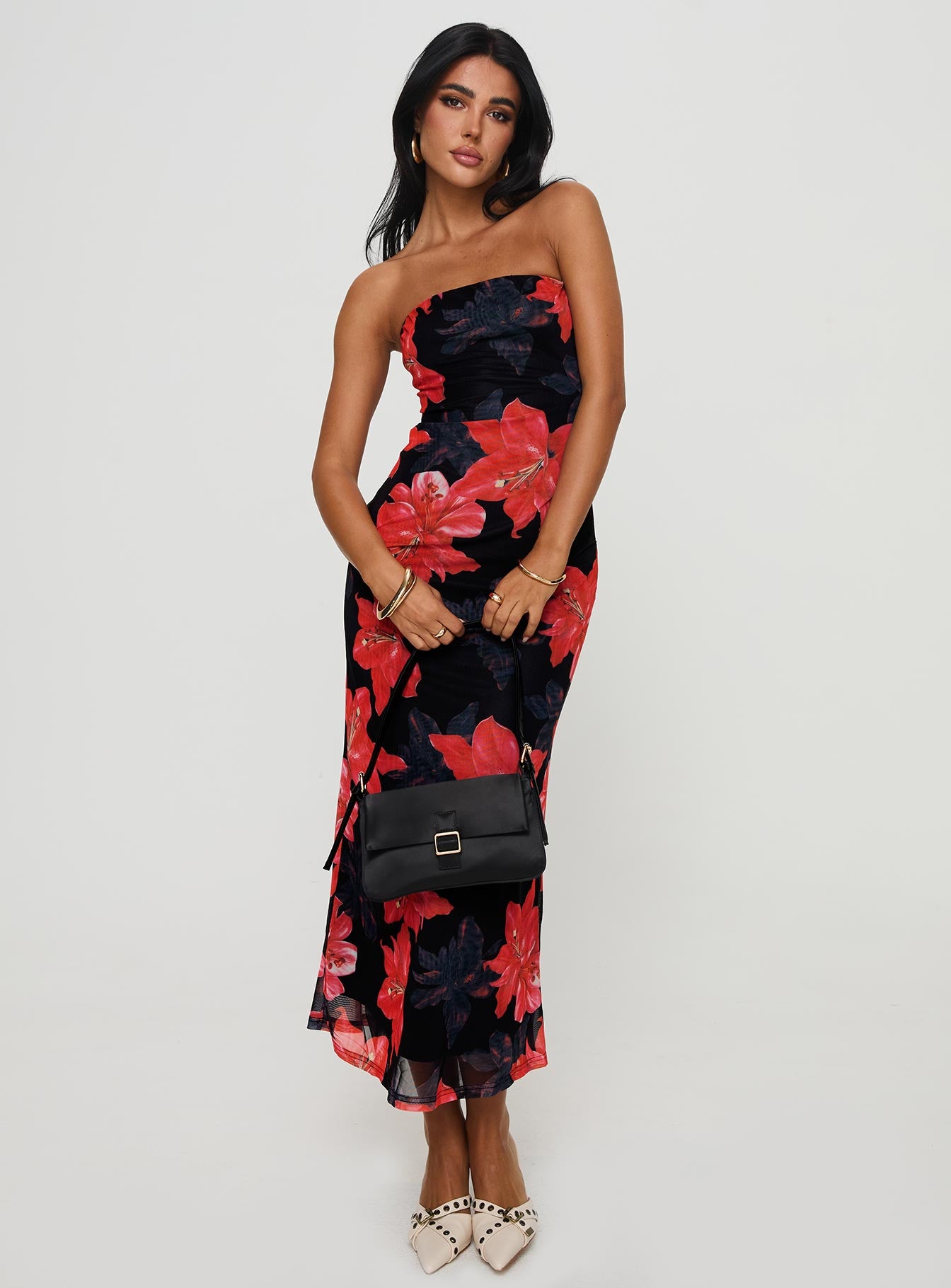 Celik Strapless Maxi Dress Black / Floral | Princess Polly Celik Strapless Maxi Dress Black / Floral | Princess Polly