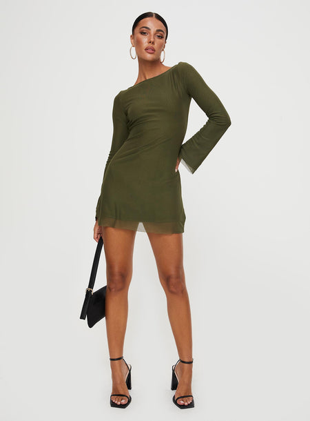 Lukea Long Sleeve Mesh Mini Dress Olive