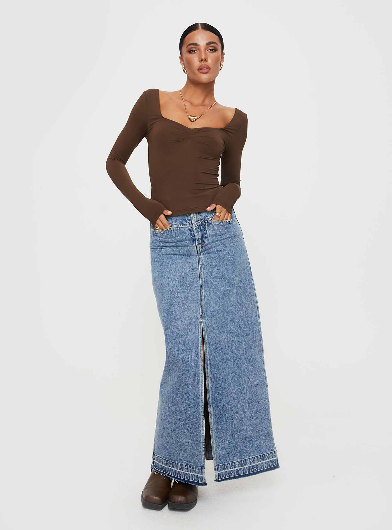 product Princess Polly Full Sleeves Square Neck  Rehna Long Sleeve Top Brown