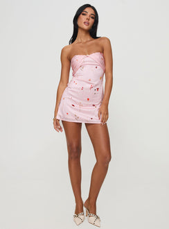 side view of model wearing Princess Polly Irena Strapless Mini Dress Pink Floral Sweetheart Neckline 