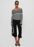 front view of model wearing Princess Polly Danyel Off The Shoulder Sweater Black / White Stripe Long 