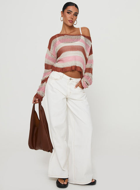 front view of model wearing Princess Polly Perren Sweater Pink / Brown Stripe Cropped 