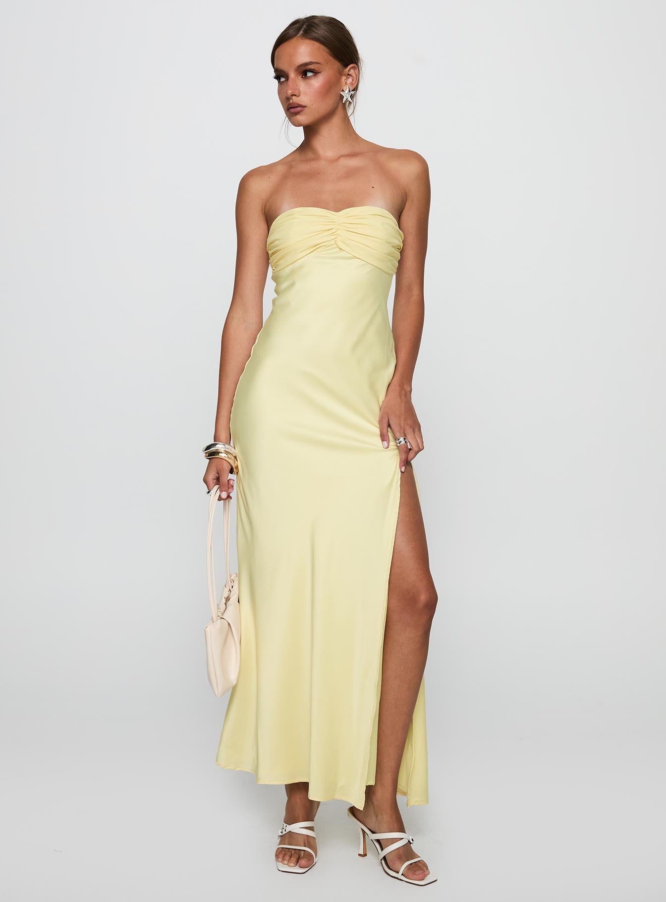 front view of model wearing Princess Polly Chevalier Strapless Maxi Dress Lemon Sweetheart Neckline 