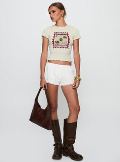 back view of model wearing Princess Polly Ciao Bella Shirred Graphic Top Cream Short Sleeves Crew Neck 