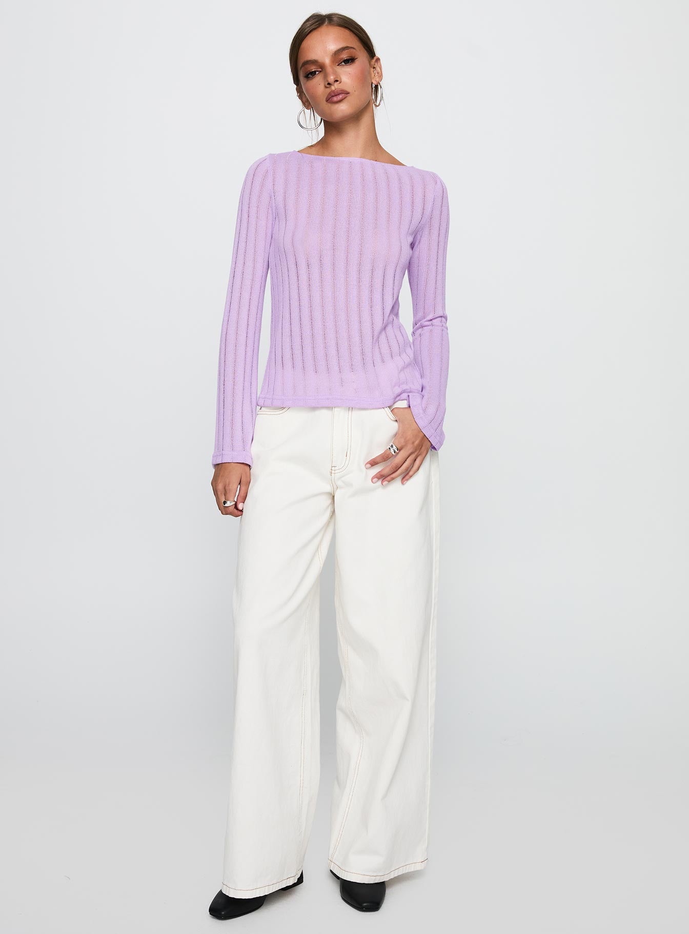 front view of model wearing Princess Polly Tuppence Ribbed Long Sleeve Top Lilac Full Sleeves Full Sleeves Boat Neck Boat Neck 