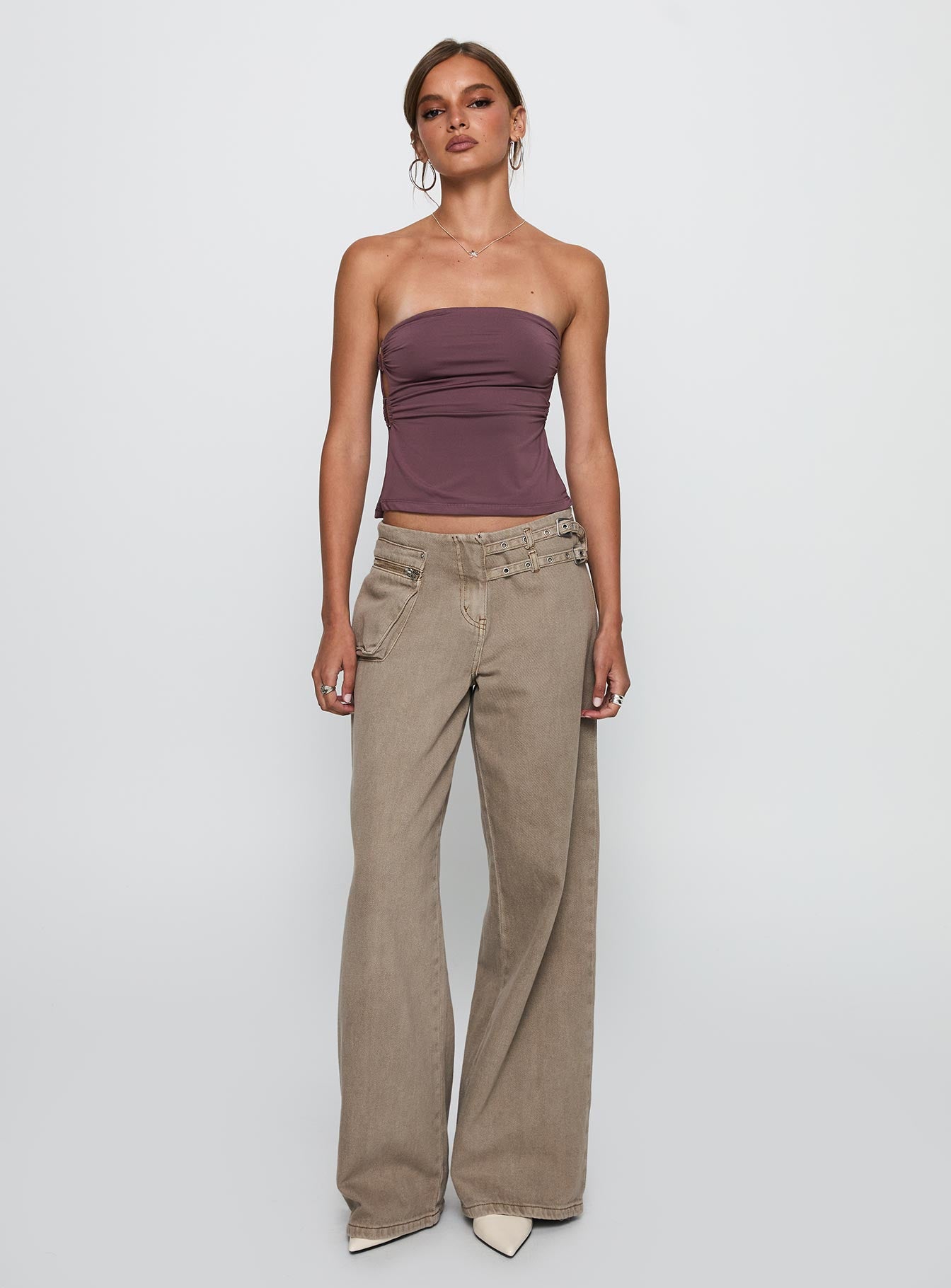 side view of model wearing Princess Polly Round The World Strapless Purple Sleeveless straight 