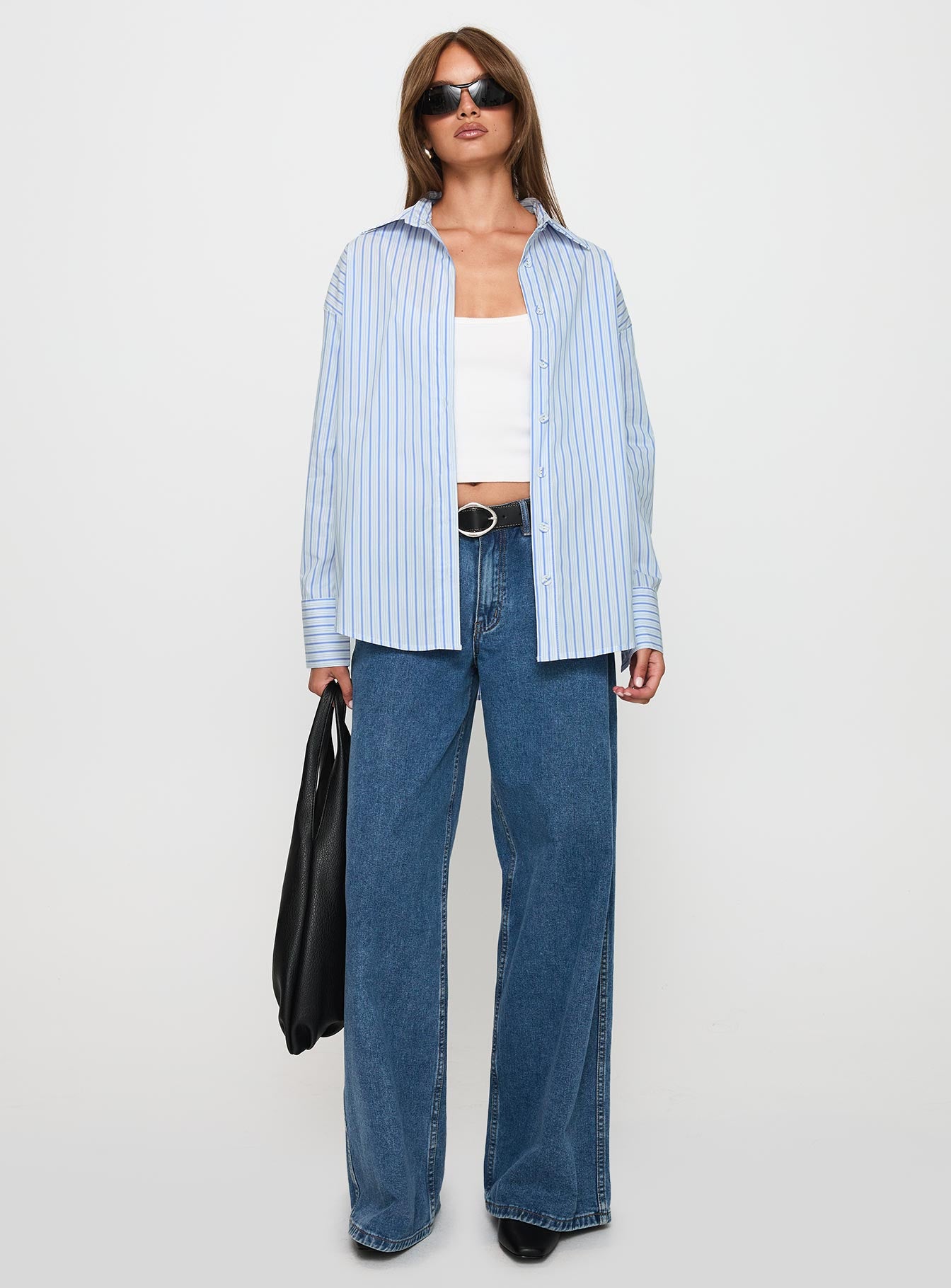 front view of model wearing Princess Polly Mallin Shirt Blue / White Stripe Full Sleeves V-Neck 