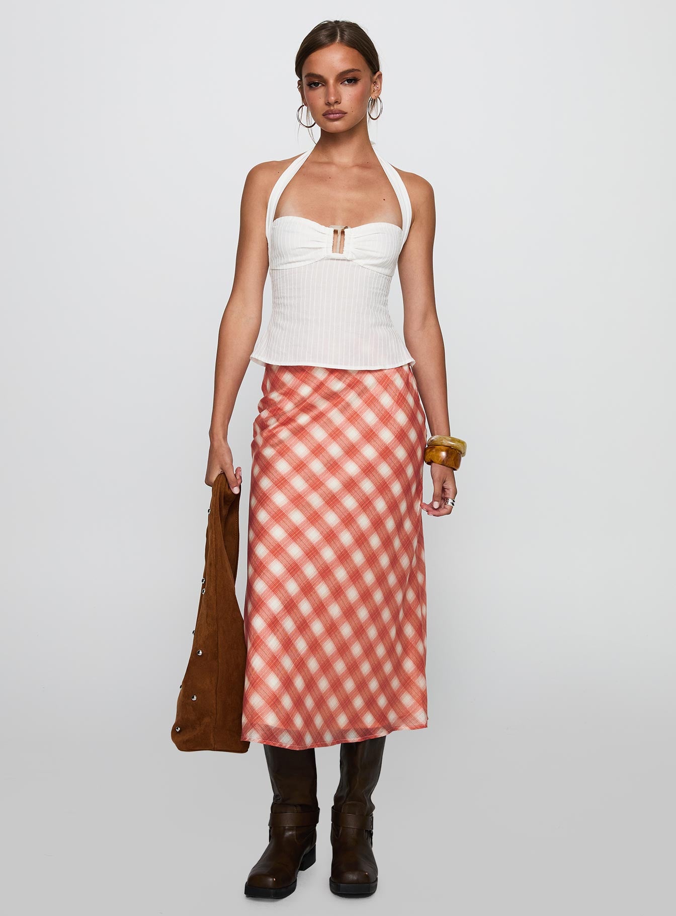   side view of model wearing Princess Polly Living Color Maxi Skirt Orange Gingham Midi Skirts 