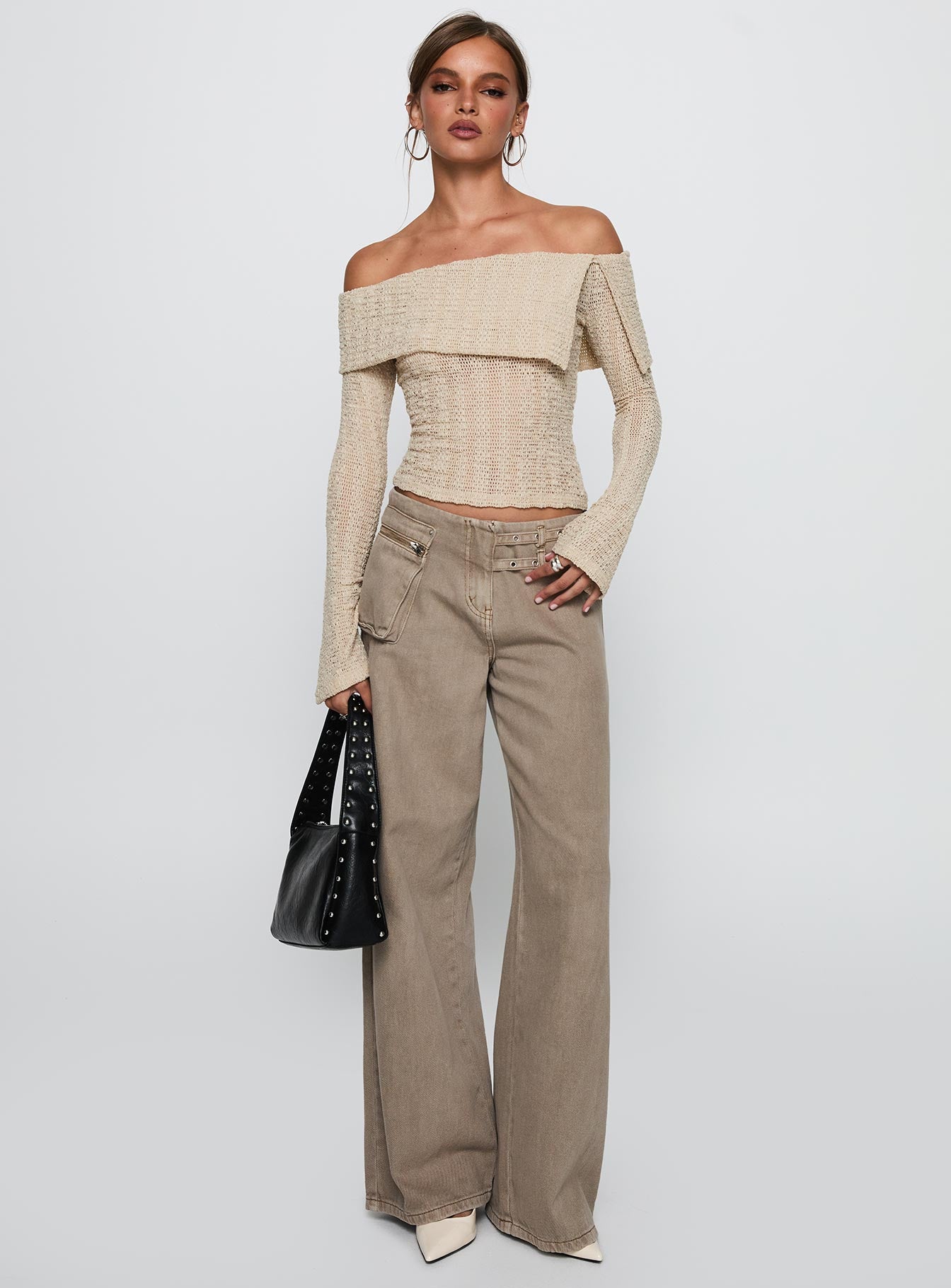 front view of model wearing Princess Polly Cardamom Long Sleeve Top Beige Full Sleeves straight 