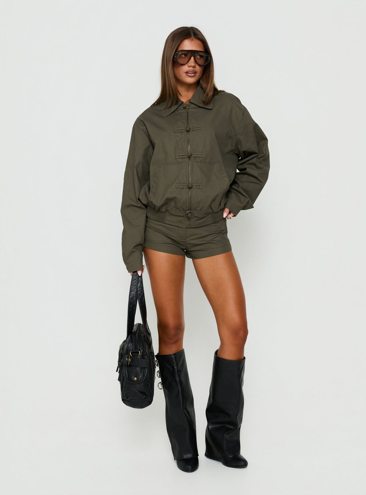 Satchie Utility Frog Closure Bomber Jacket Khaki