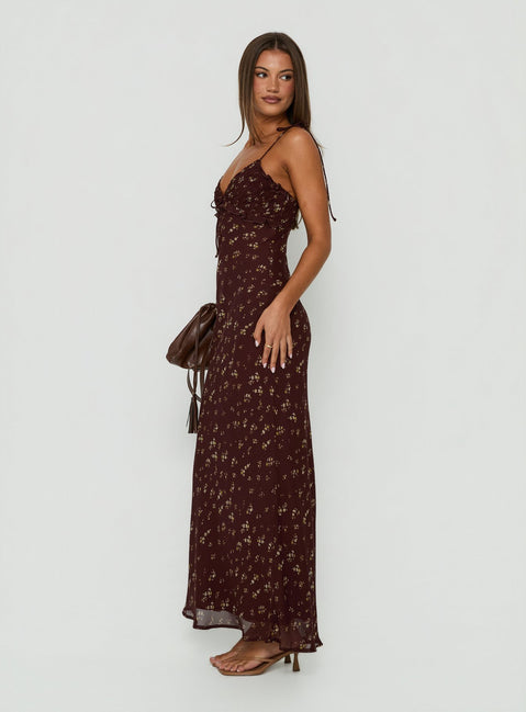 Morcar Frill V Neck Maxi Dress Brown / Yellow Floral