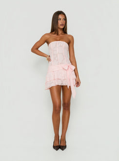 Azuriah Chiffon Strapless Corset Tiered Mini Dress Pink