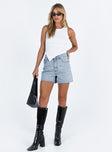 front view of model wearing Princess Polly Laurena Denim Shorts Tall Lower Impact High Waisted Shorts 