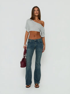Miskie Draped Off Shoulder Micro Crop Top Grey