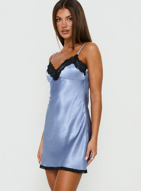 Viretta Satin Lace Trim Mini Dress Blue
