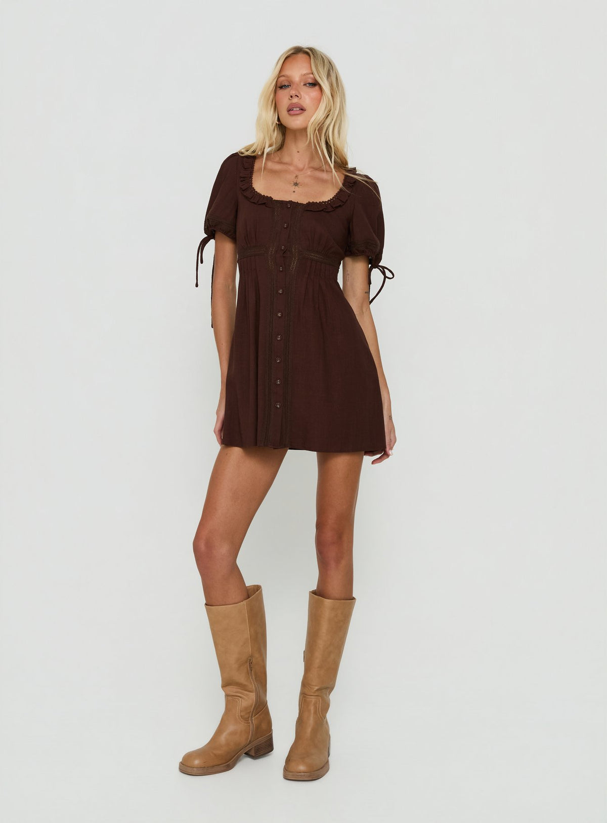 Indianah Pleat Lace Panel Mini Dress Chocolate