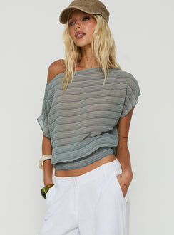 Lindenn Off Shoulder Sheer Top Grey Stripe