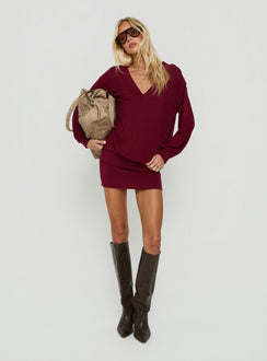 Solena Blouson V Neck Knit Mini Dress Burgundy