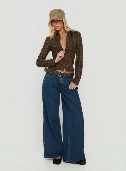 Kinori Long Sleeve Zip Down Top Brown Check