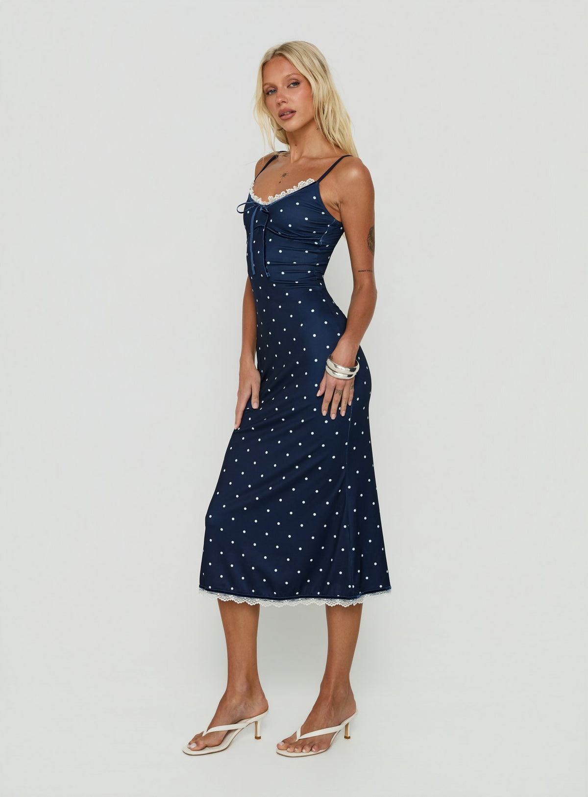 Delaney V Neck Frill Midi Dress Navy / White Polka