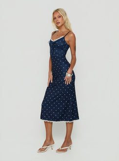 Delaney V Neck Frill Midi Dress Navy / White Polka