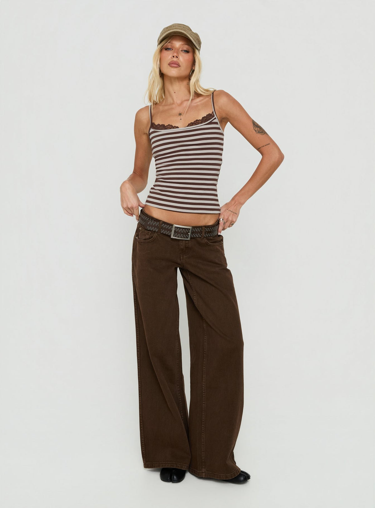 Spring To Summer Lace Trim Top Grey / Brown Stripe